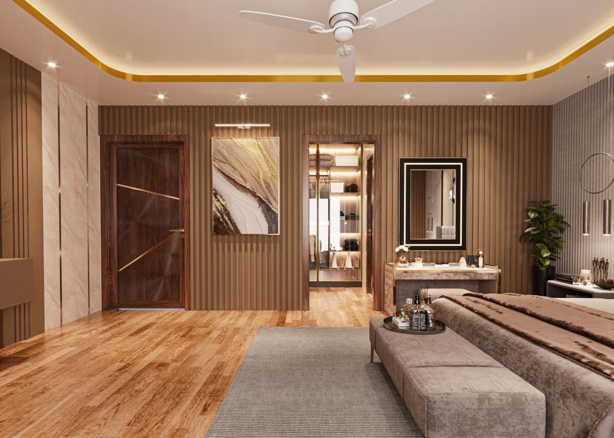 Chambre adulte moderne aux tons chauds avec mobilier en bois et éclairage doux